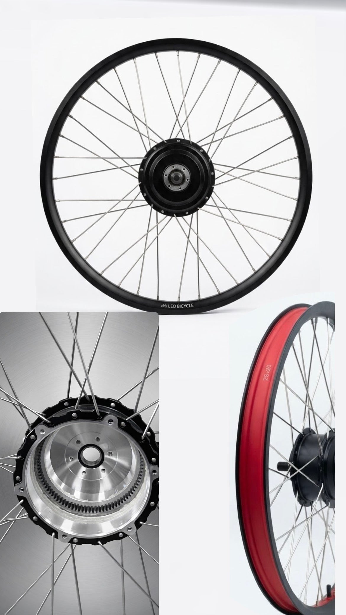 Rueda trasera 26 pulgadas con motor hub LEO Bicycle para bicicleta eléctrica negro y rojo